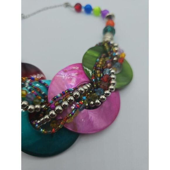 Chunky Disc Circle Hoop Shell Necklace Bib Twist Bead Circle Mother of Pearl 16" - Picture 7 of 10